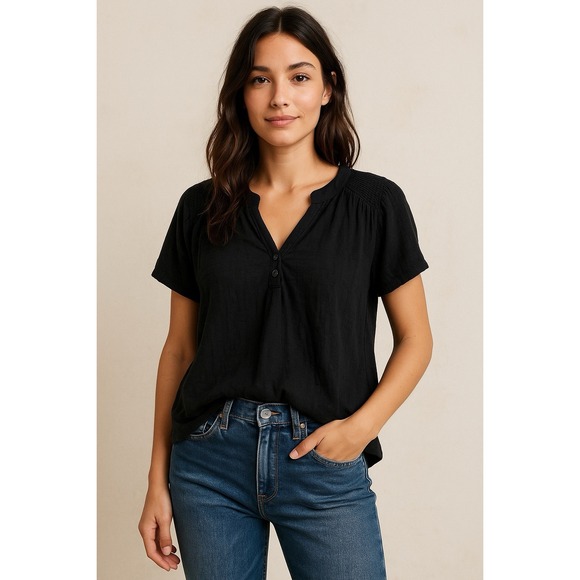 Free People Tops - Free People Fever Dream Women's Shirt XS Black Henley‎ Neck Short Sleeve Cotton
